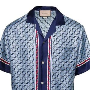 GUCCI MEN'S SILK BLUE BOWLING SHIRT WITH SQUARE "GG" PRINT SHORT SLEEVE SIZE S